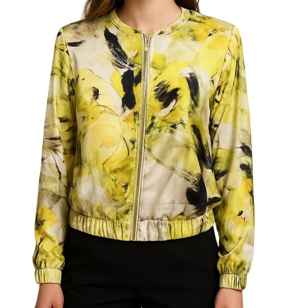 Conrad Collection Abstract Floral Satin Bomber Jacket 8 Green Yellow Zip Front